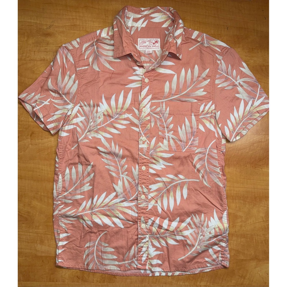 American Eagle Mens Small Coral Pink Tropical Palm Leaf Cotton Linen Button Down